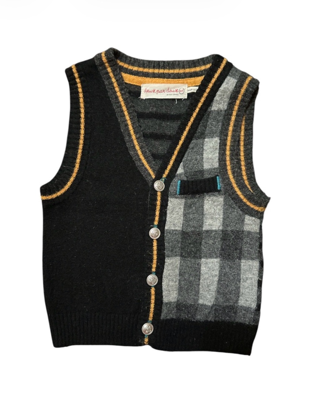deux par deux Wool V-Neck Buttoned Sweater Vest Black with Gray and Yellow